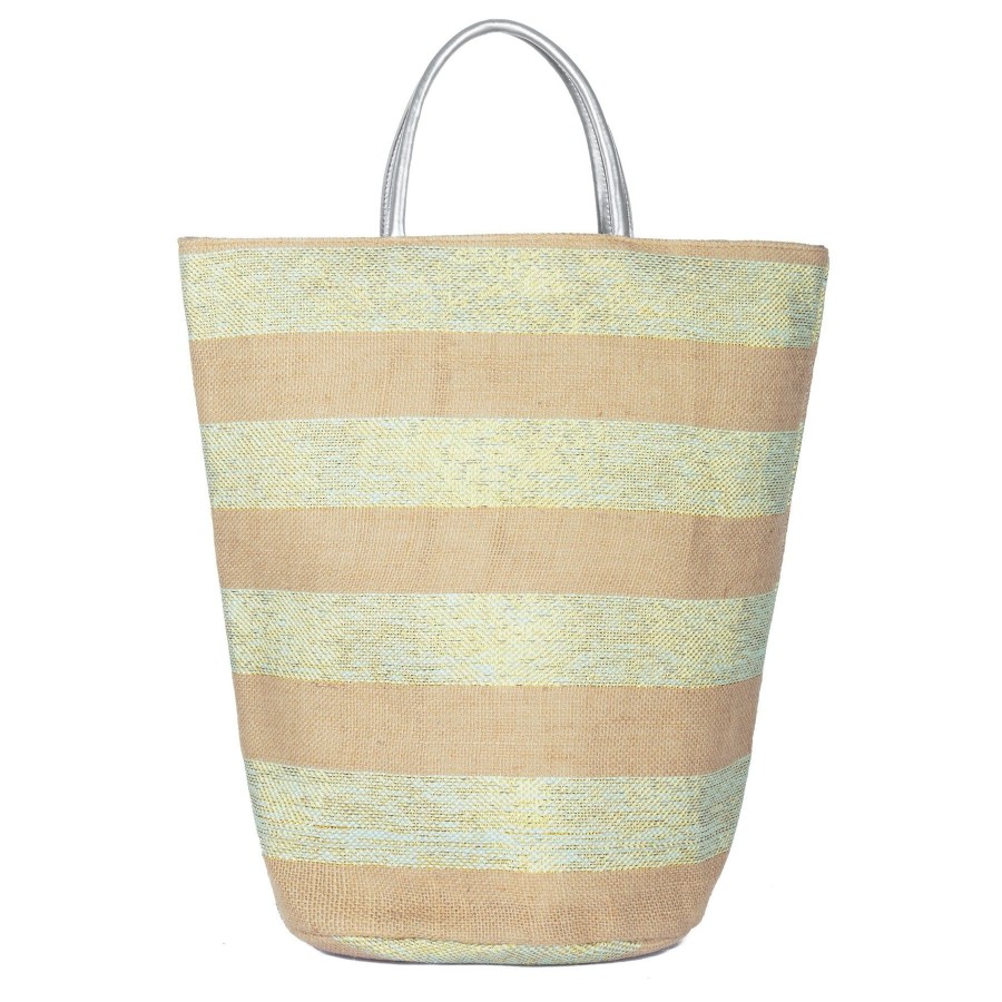 Women San Diego Hat Hat Care | Striped Tote With Metallic Silver Leather Handles