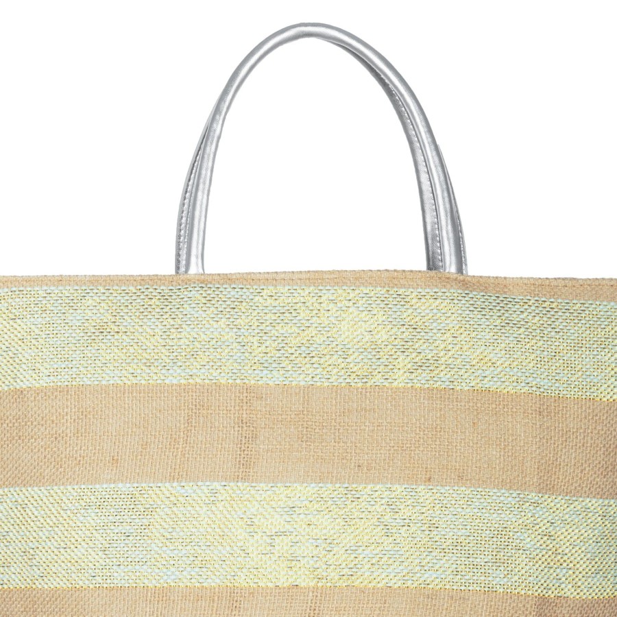 Women San Diego Hat Hat Care | Striped Tote With Metallic Silver Leather Handles