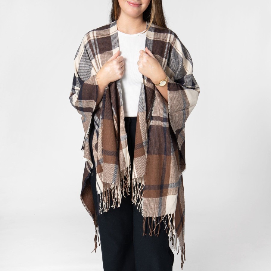 Women San Diego Hat Ponchos | Savannah-Women'S Woven Plaid Open Front Poncho