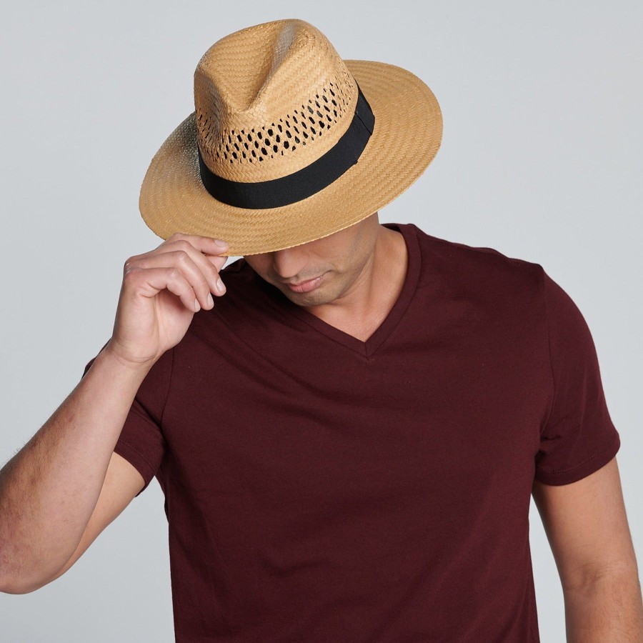 Men San Diego Hat | Men'S Woven Paper Fedora With Vented Crown And Stretch Band