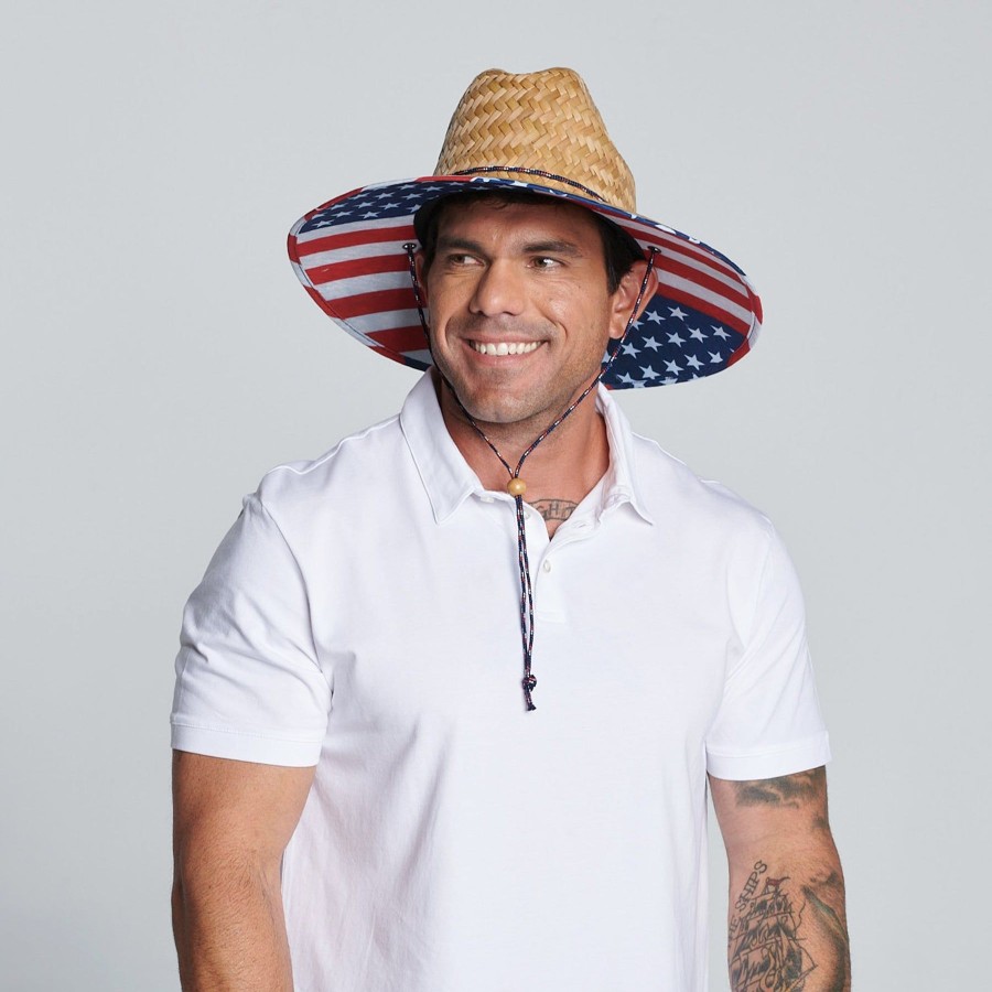 Men San Diego Hat | Men'S Rush Straw Lifeguard With Under Brim Print And Adjustable Chin Cord