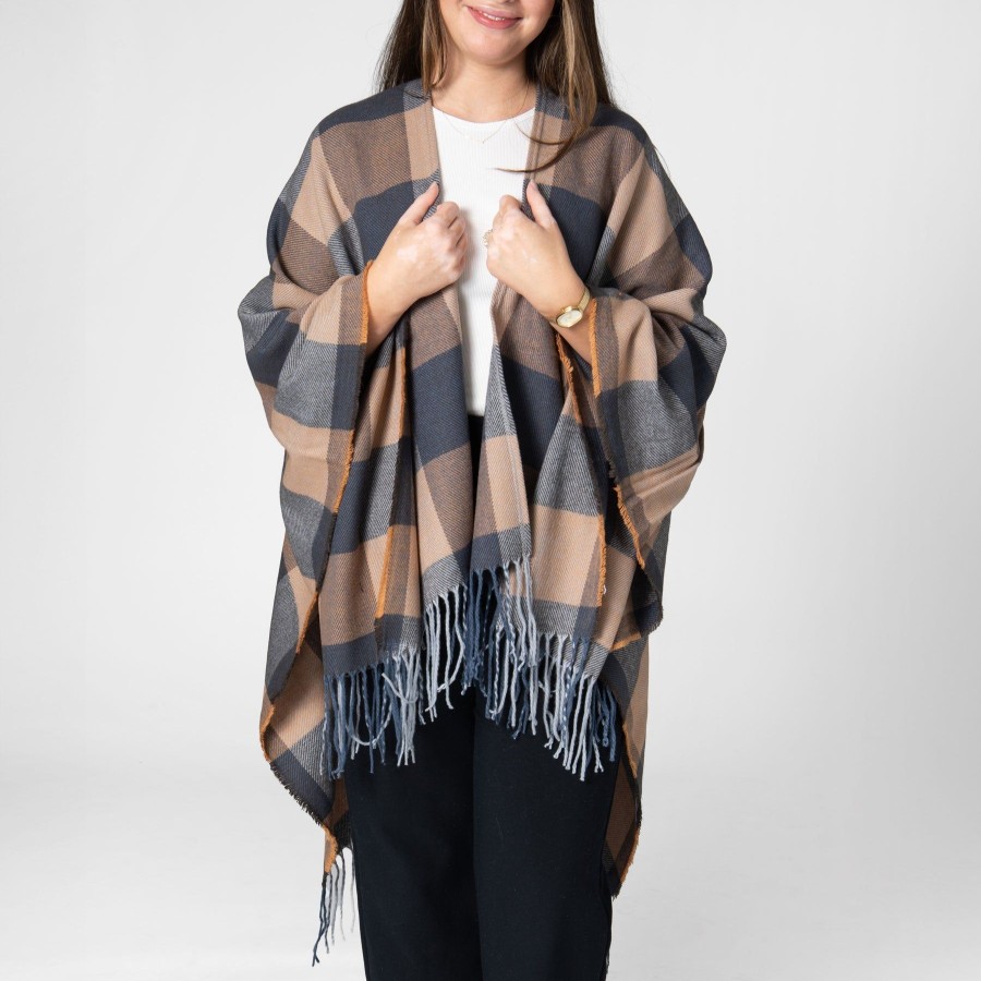 Women San Diego Hat Ponchos | Maddie-Womens Woven Plaid Open Front Poncho