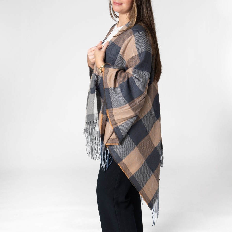 Women San Diego Hat Ponchos | Maddie-Womens Woven Plaid Open Front Poncho