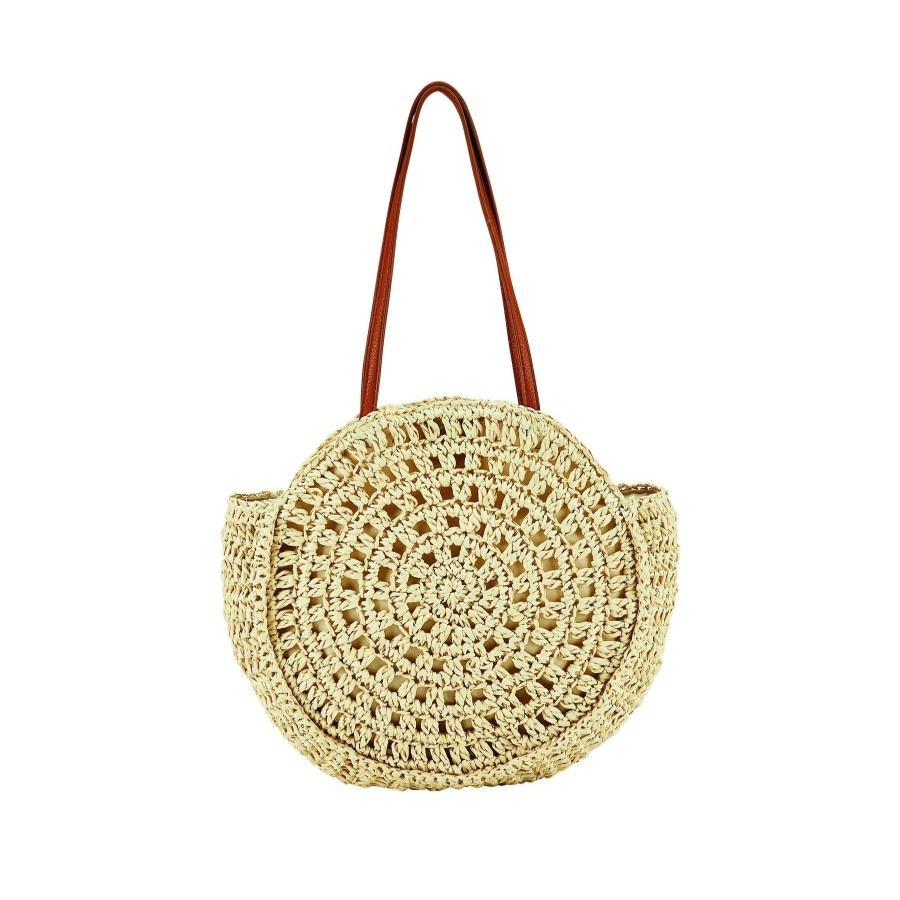 Women San Diego Hat Hat Care | Circular Woven Paper Tote With Faux Leather Handles (Bsb3711)