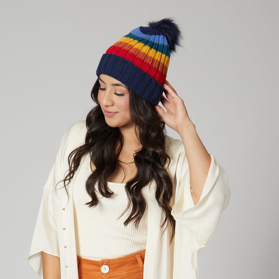 Women San Diego Hat | Women'S Knit Rainbow Stripe Beanie W/Pom