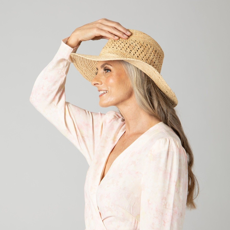 Women San Diego Hat | Women'S Mixed Raffia Fedora W/Hand Crochet Crown & Raffia Braid Brim